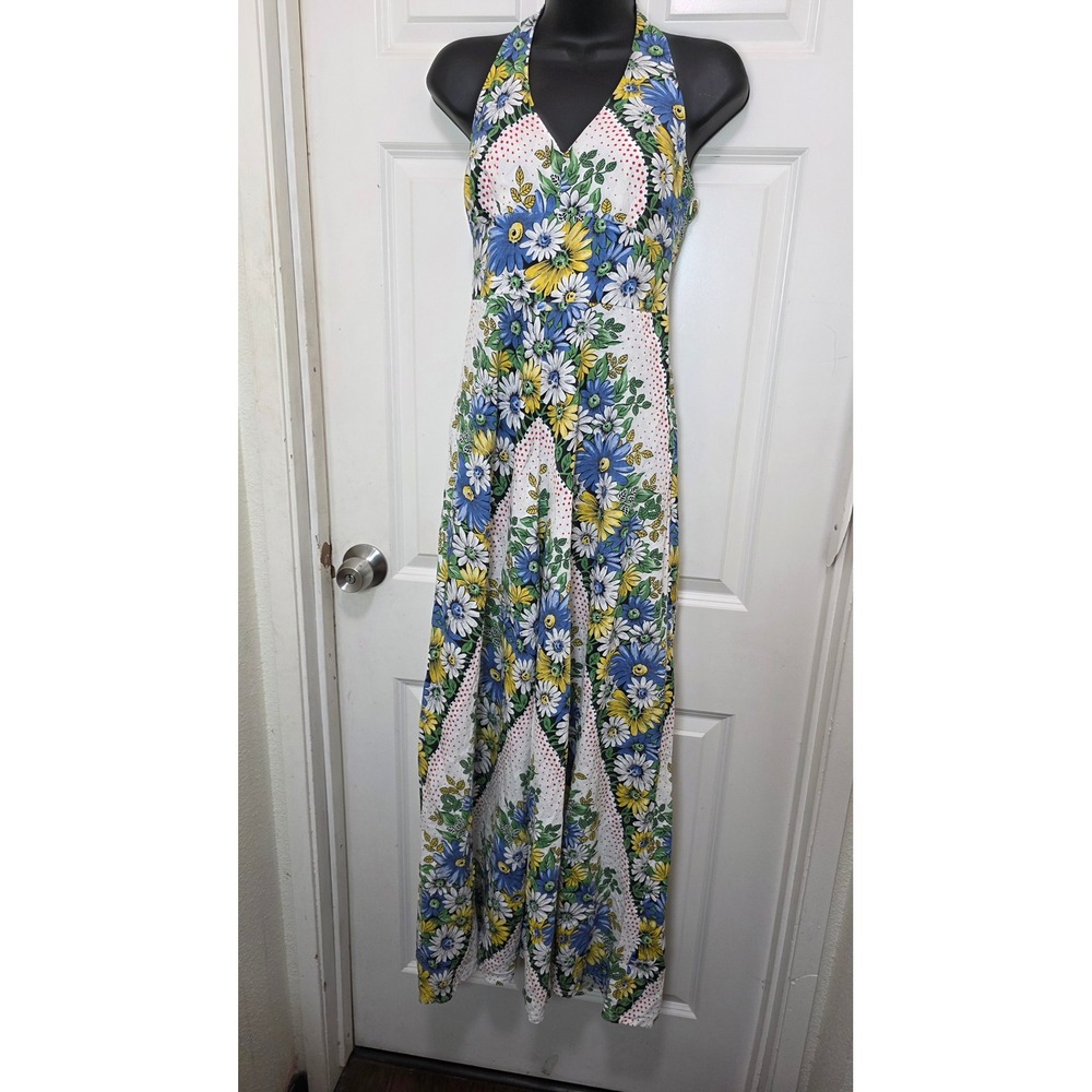 Anthropologi Floral Halter Maxi Dress Women 2 White Blue Yellow Boho Summer - Picture 2 of 12